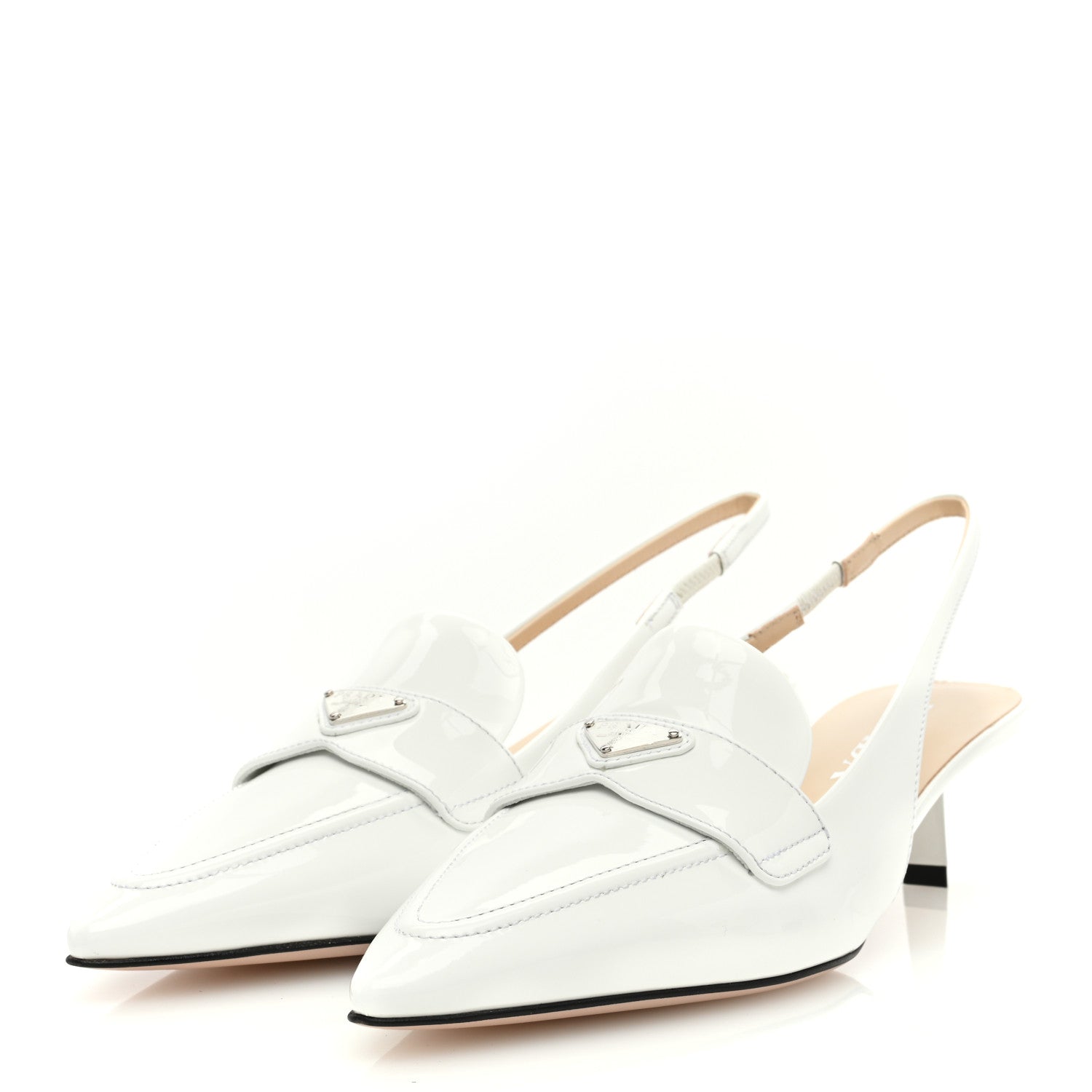 Prada Patent Triangle Logo Pointed Toe 45mm Slingback Pumps 37.5 White 2 of 8