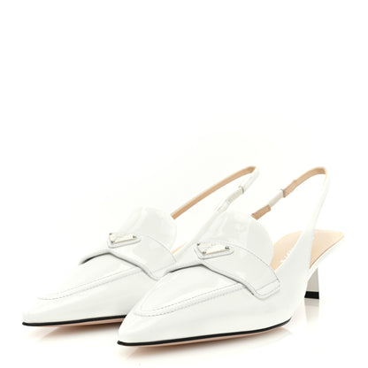 Prada Patent Triangle Logo Pointed Toe 45mm Slingback Pumps 37.5 White 2 of 8