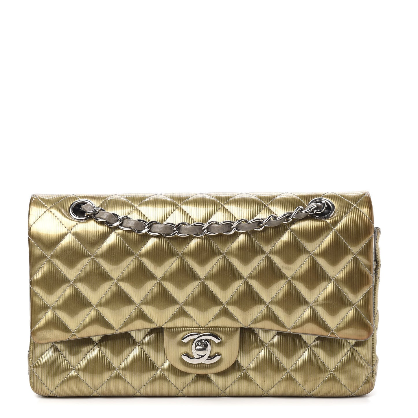Striated Patent Quilted Medium Double Flap Gold
