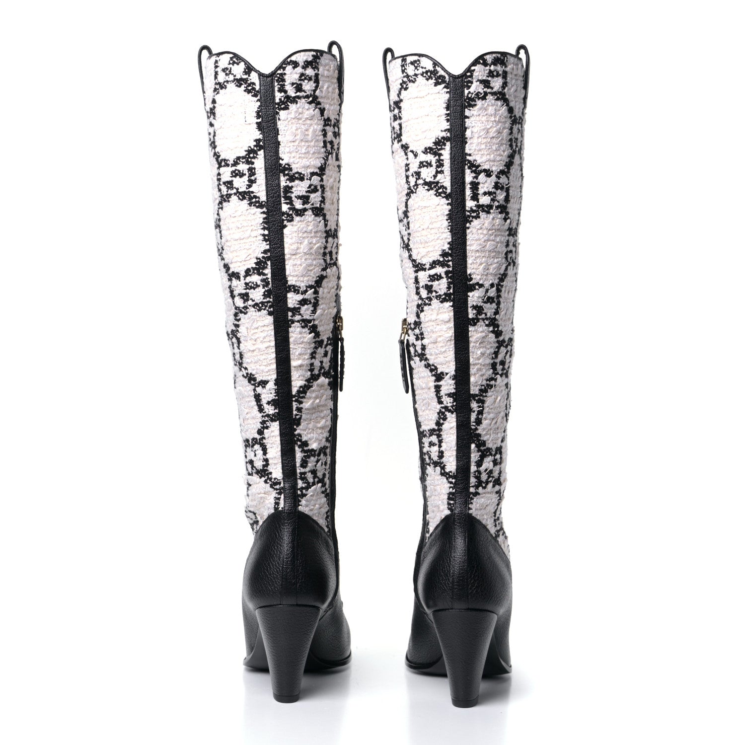 Gucci Tweed GG Monogram Wrinkled Kid Zumi Knee Boots 37 Natural Black 5 of 7