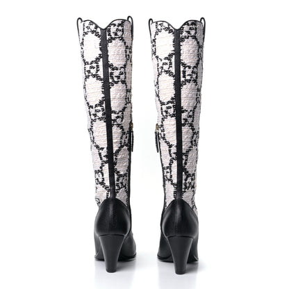 Gucci Tweed GG Monogram Wrinkled Kid Zumi Knee Boots 37 Natural Black 5 of 7