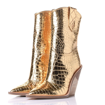 Fendi Metallic Calfskin Crocodile Embossed Cutwalk Ankle Boots 36 Gold 3 of 10