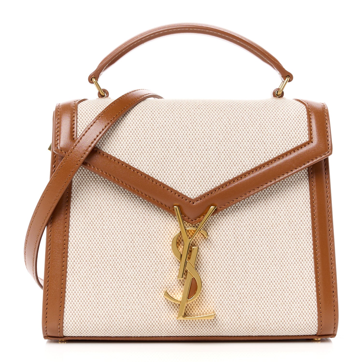 Saint Laurent Canvas Calfskin Mini Classic Monogram Cassandra Top Handle Tan Natural 1 of 12