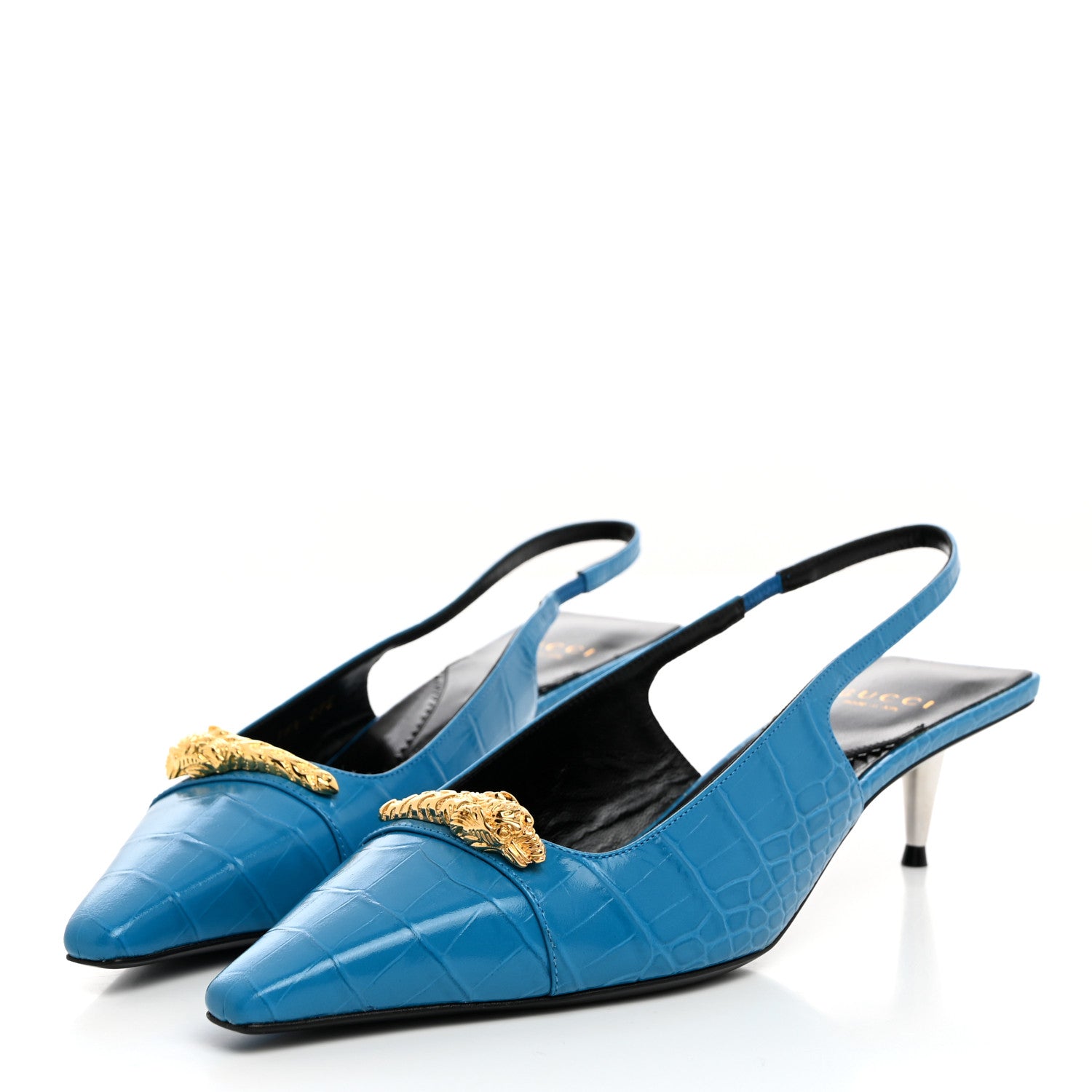 Gucci Calfskin Crocodile Print Square Slingback Pumps 40 Bright Sapphire 3 of 10