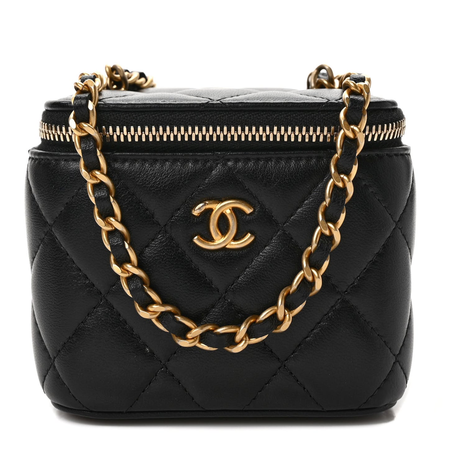 Lambskin Quilted Mini Pearl Crush Vanity Case With Chain Black
