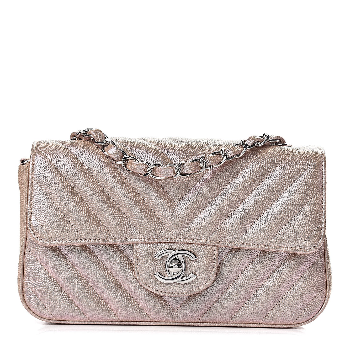 Iridescent Caviar Chevron Quilted Mini Rectangular Flap Light Gold