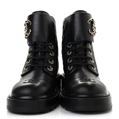 Chanel Shiny Lambskin Quilted Lace Up Combat Boots 38 Black 2 of 8