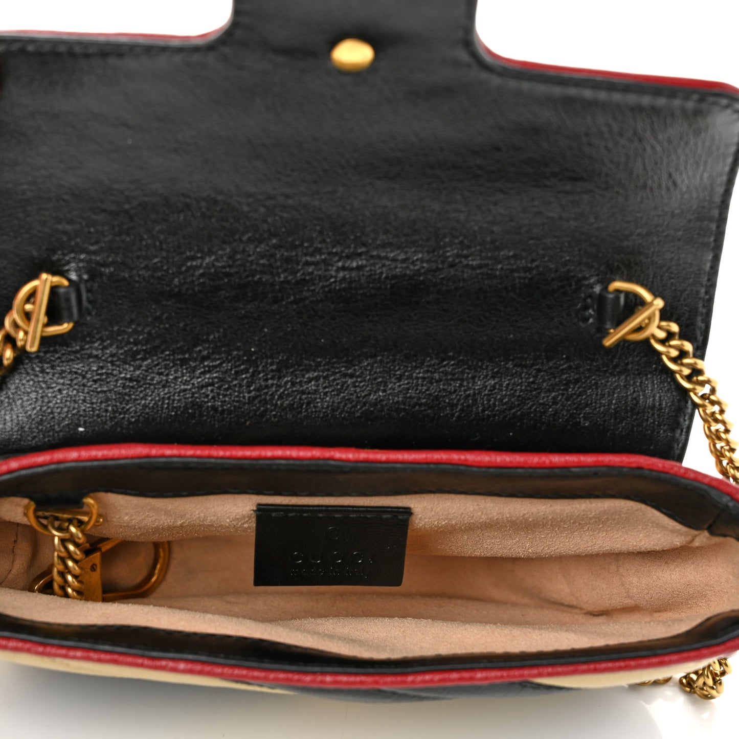 Vintage Effect Calfskin Matelasse Diagonal Striped Super Mini Torchon GG Marmont Shoulder Bag Black Beige