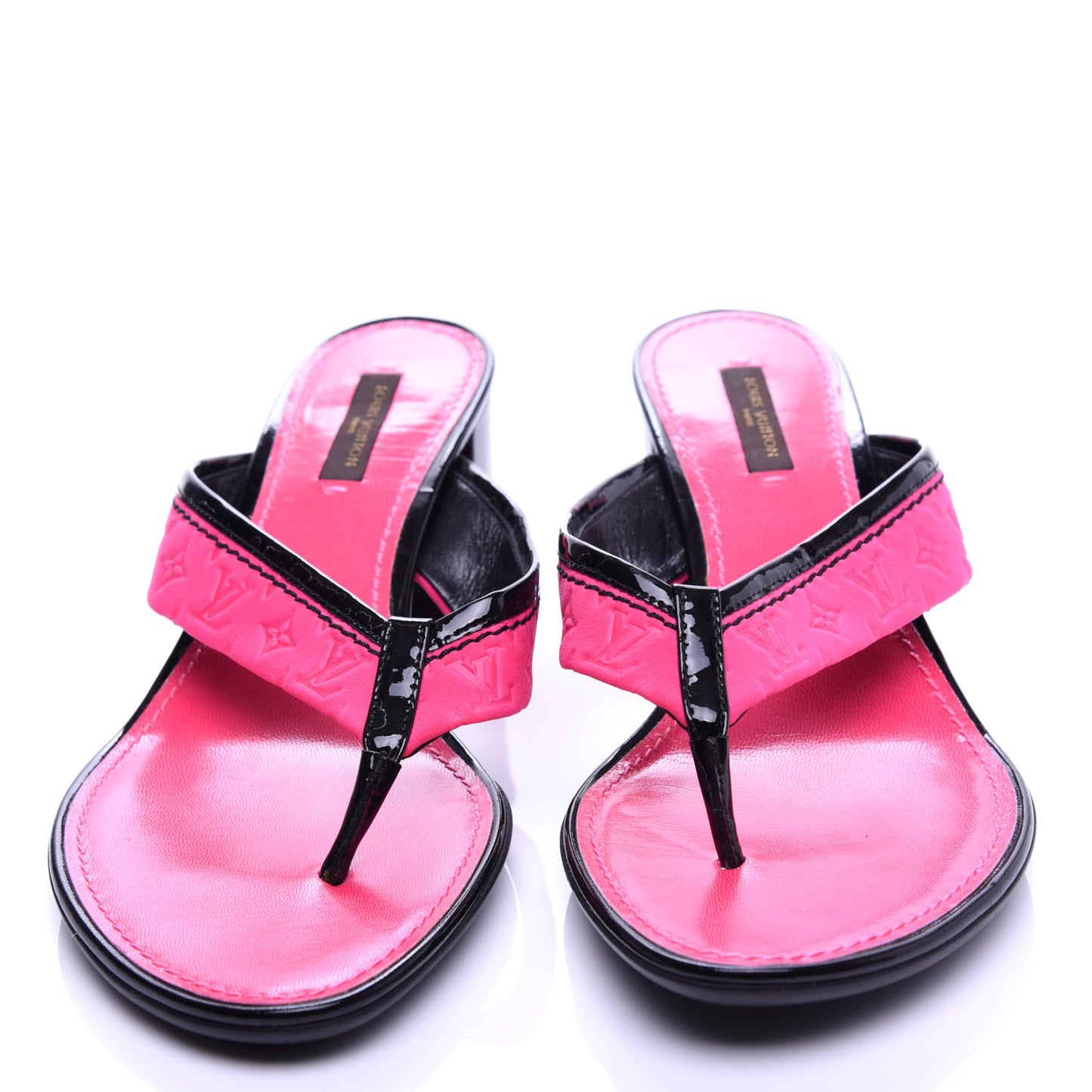 Calfskin Embossed Monogram Patent Heeled Thong Sandals 40 Pink