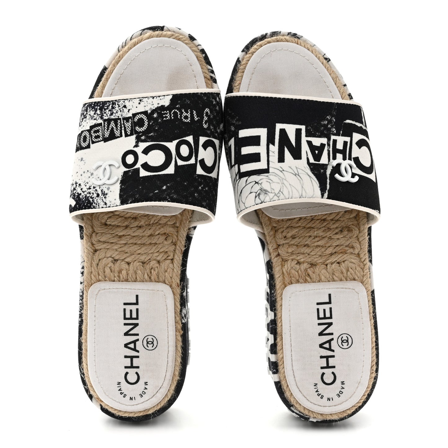 Fabric Grosgrain Printed CC Espadrille Slip On Sandals 36 Black White