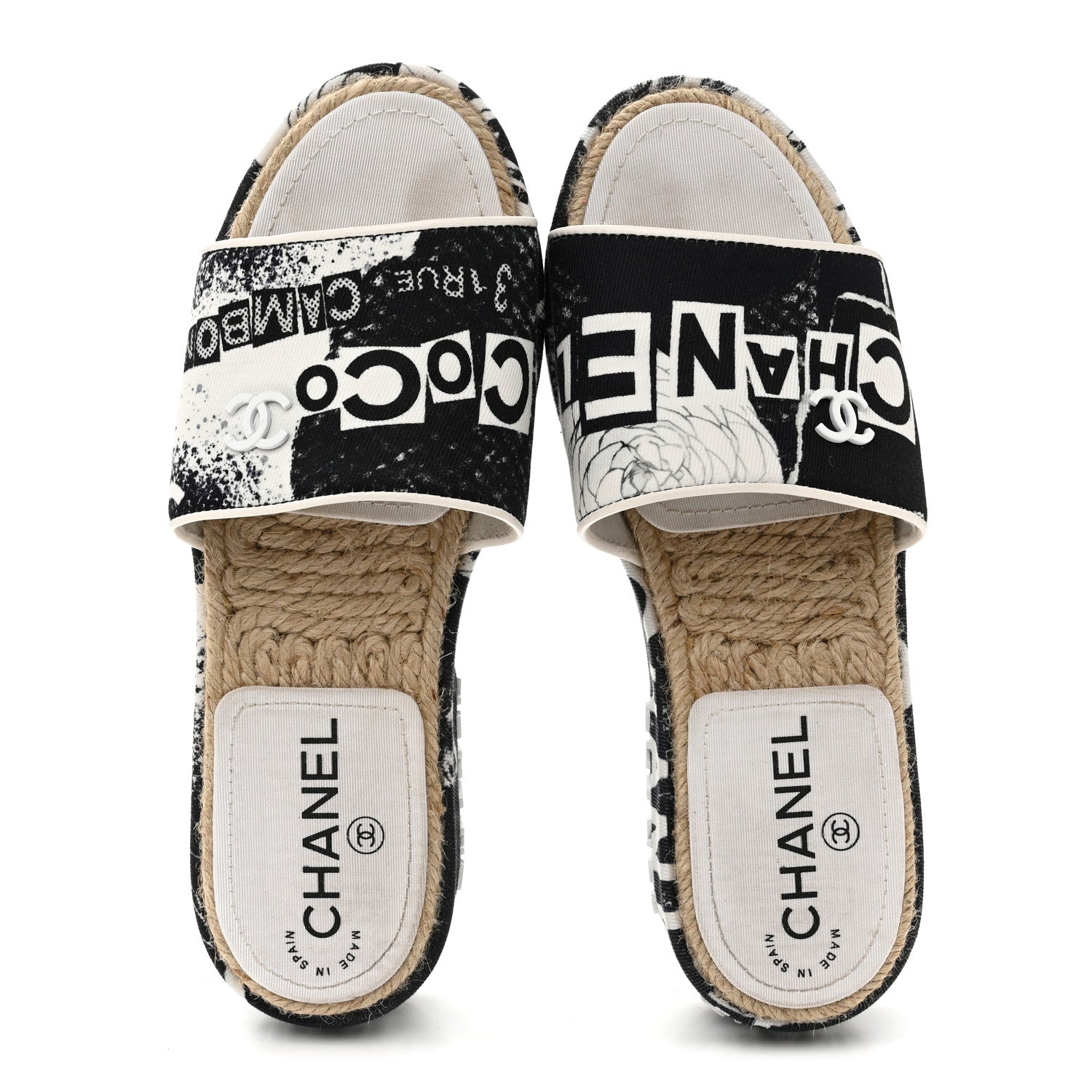 Chanel Fabric Grosgrain Printed CC Espadrille Slip On Sandals 36 Black White 2 of 11