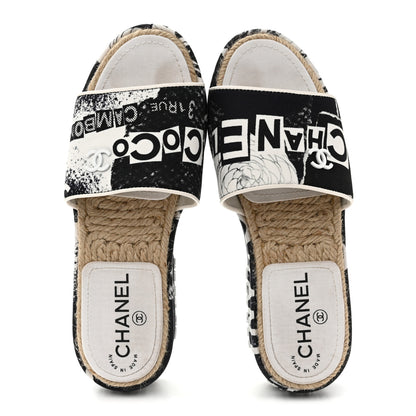Chanel Fabric Grosgrain Printed CC Espadrille Slip On Sandals 36 Black White 2 of 11