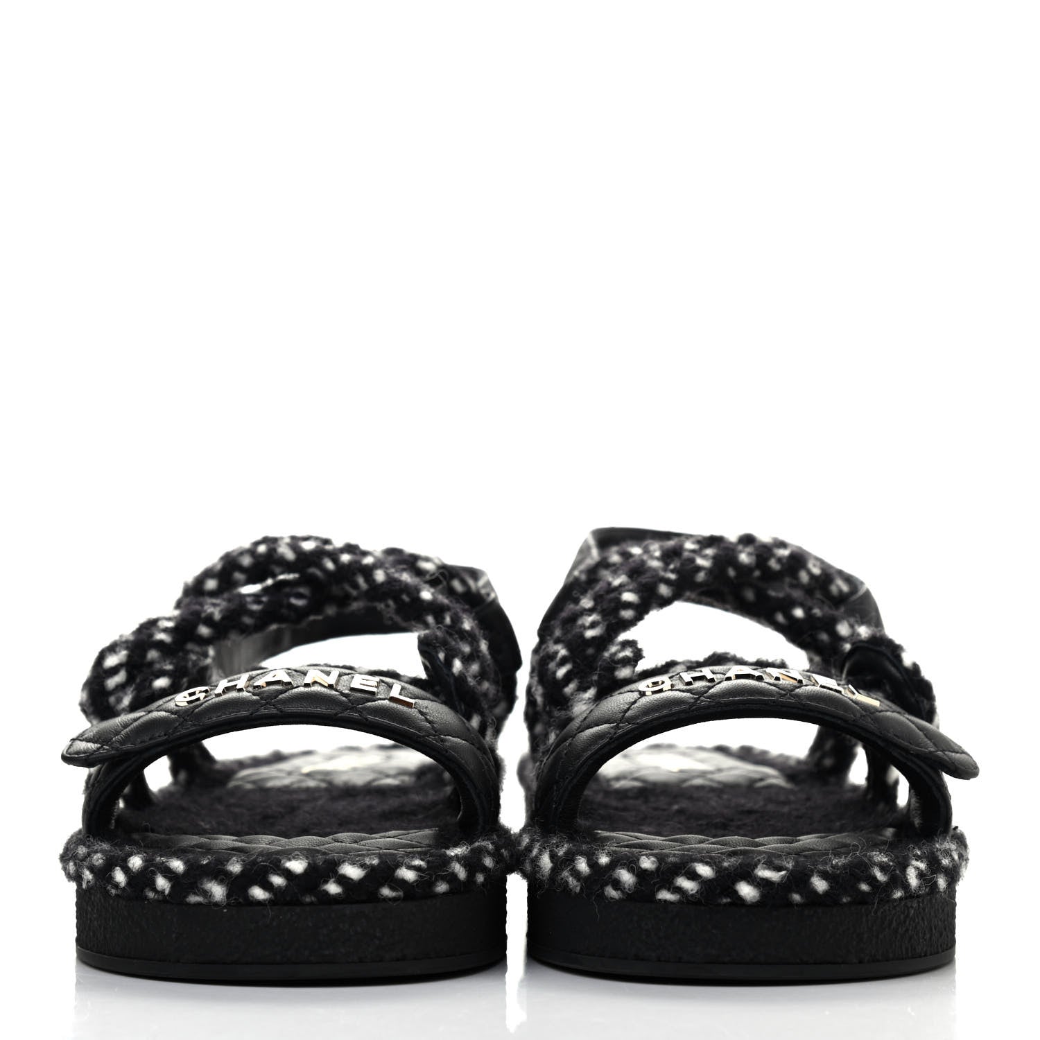 Chanel Cord Lambskin Quilted Logo Sandals 39 Black White 2 of 4