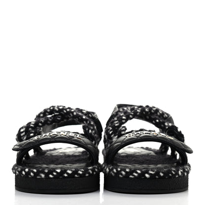 Chanel Cord Lambskin Quilted Logo Sandals 39 Black White 2 of 4