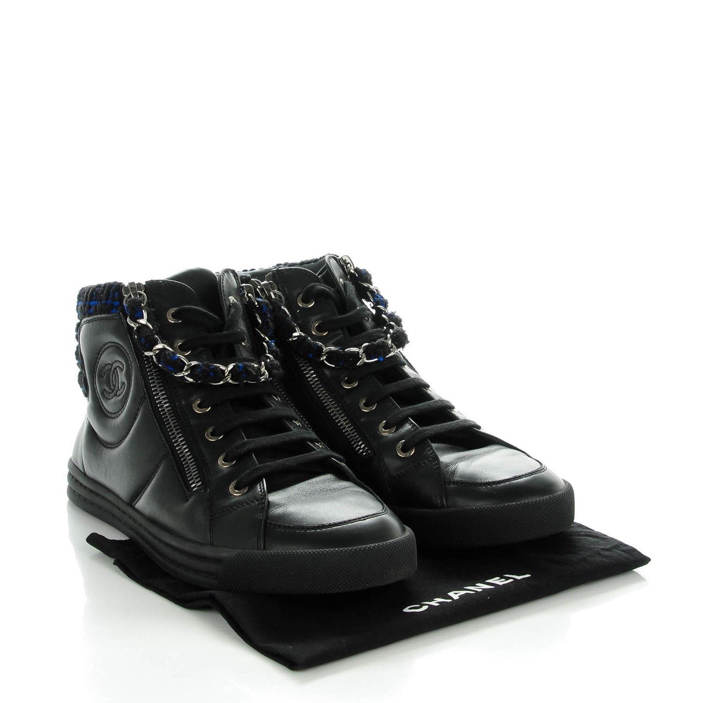 Lambskin Tweed Zipped Sneakers 38 Black Blue