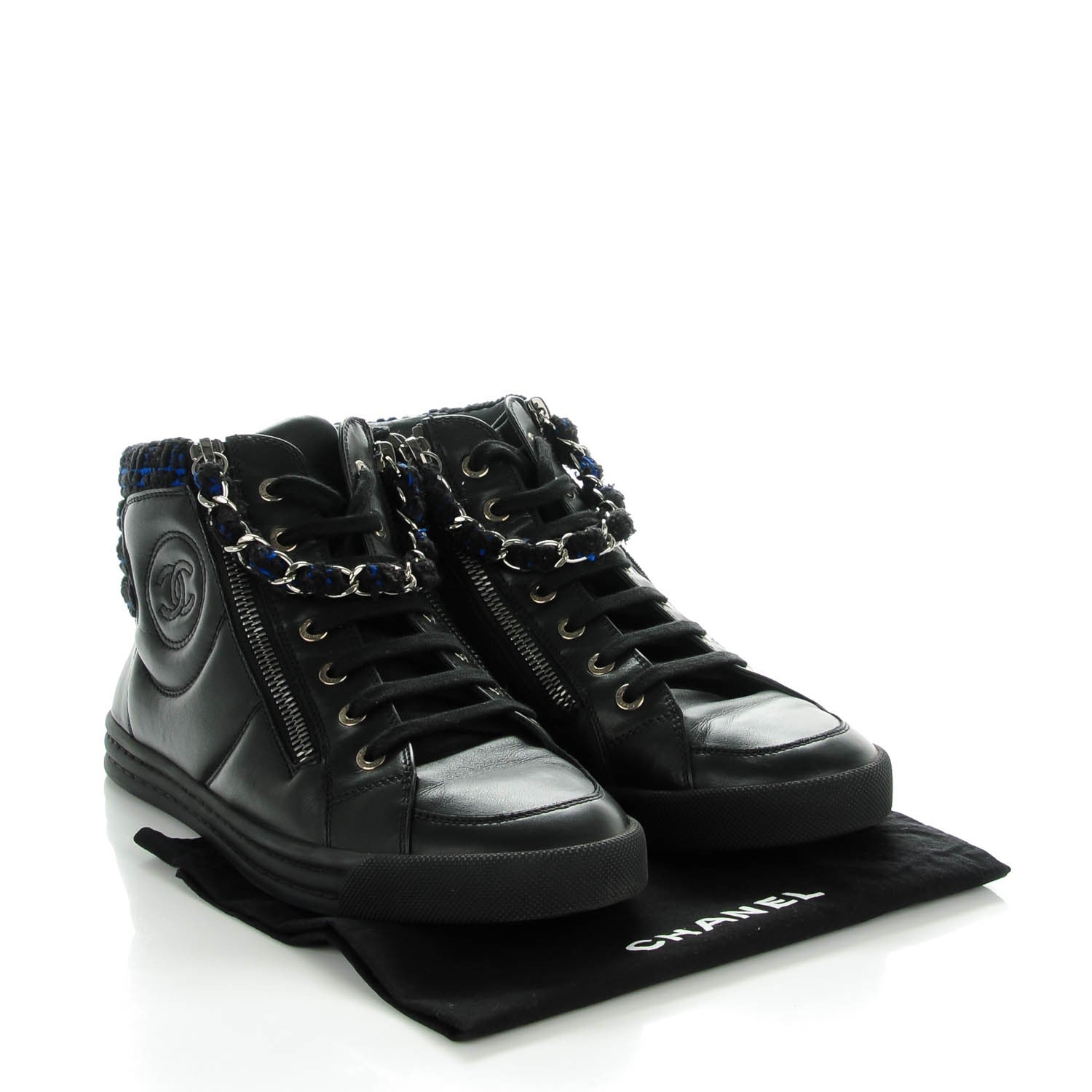 Chanel Lambskin Tweed Zipped Sneakers 38 Black Blue 9 of 9