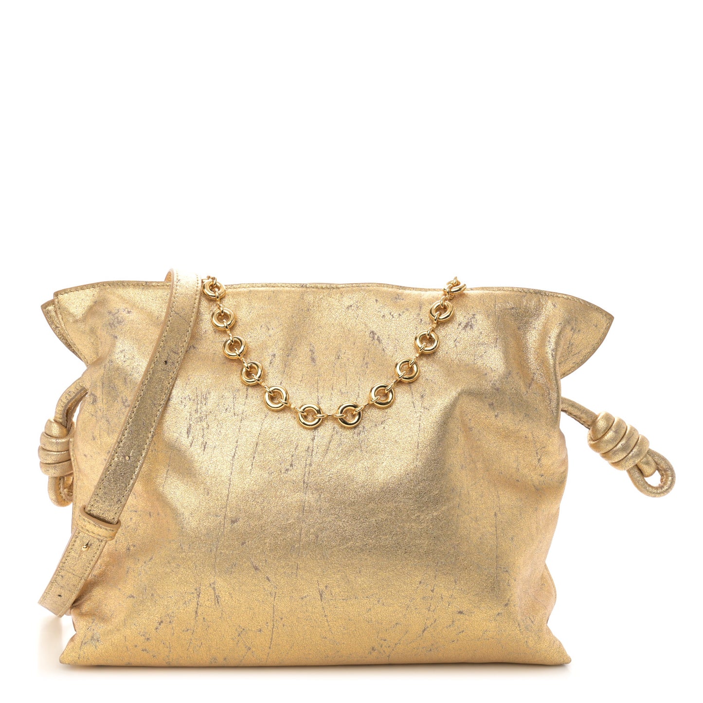 Metallic Lambskin Medium Chain Flamenco Knot Clutch Gold