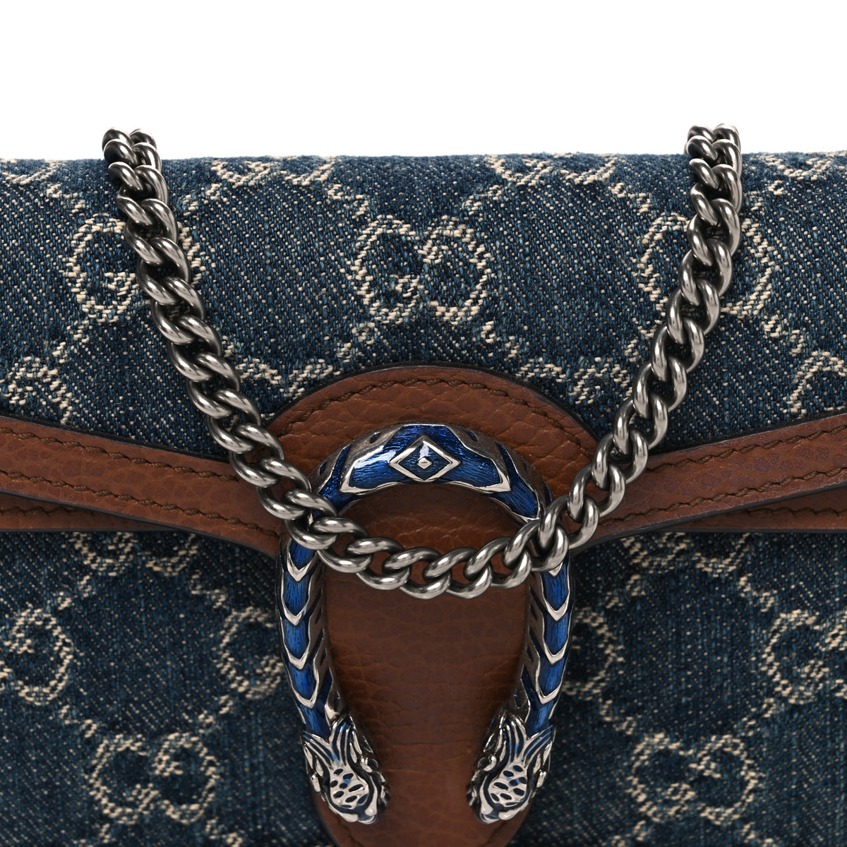 New Denim GG Monogram Dollar Calfskin Enamel Super Mini Dionysus Shoulder Bag Blue Tea Cuir Epilog Electric Blue