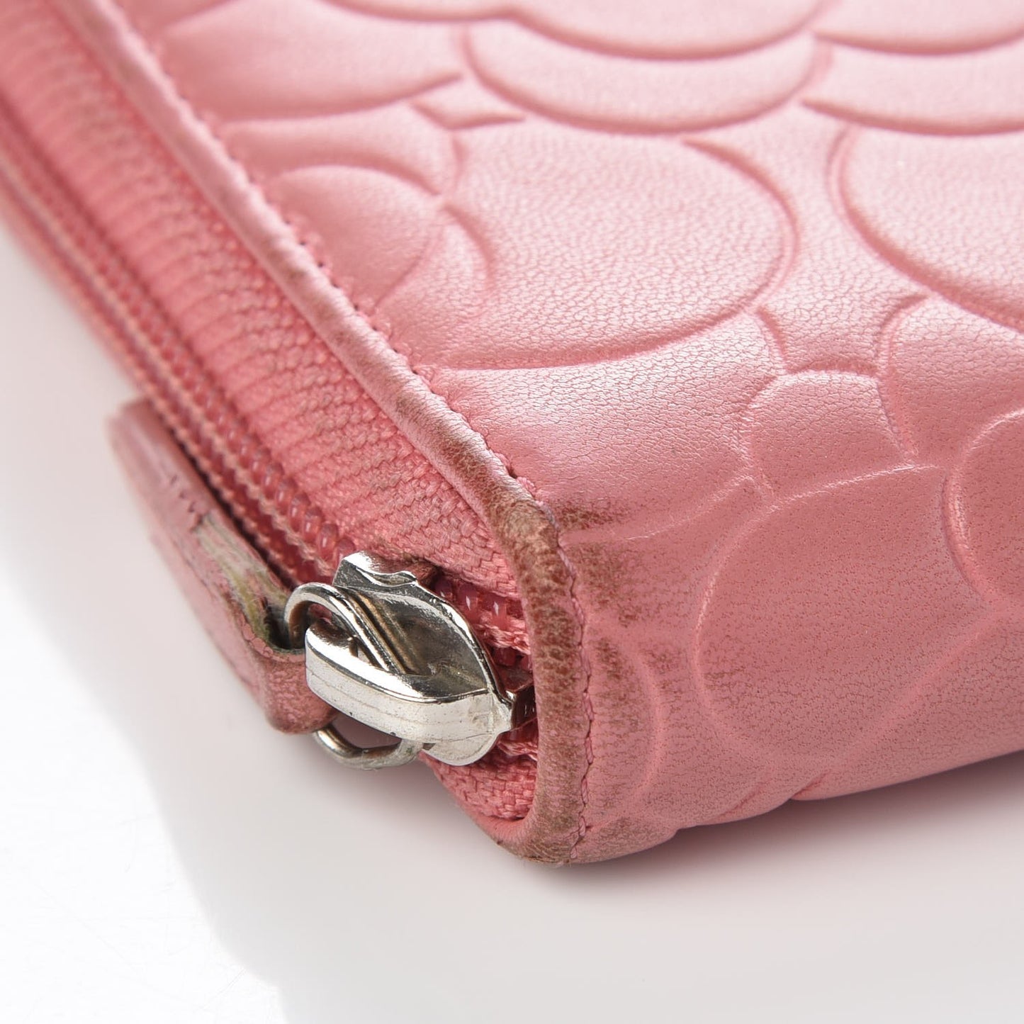 Lambskin Camellia Embossed Zip Around Large Gusset Wallet Pink