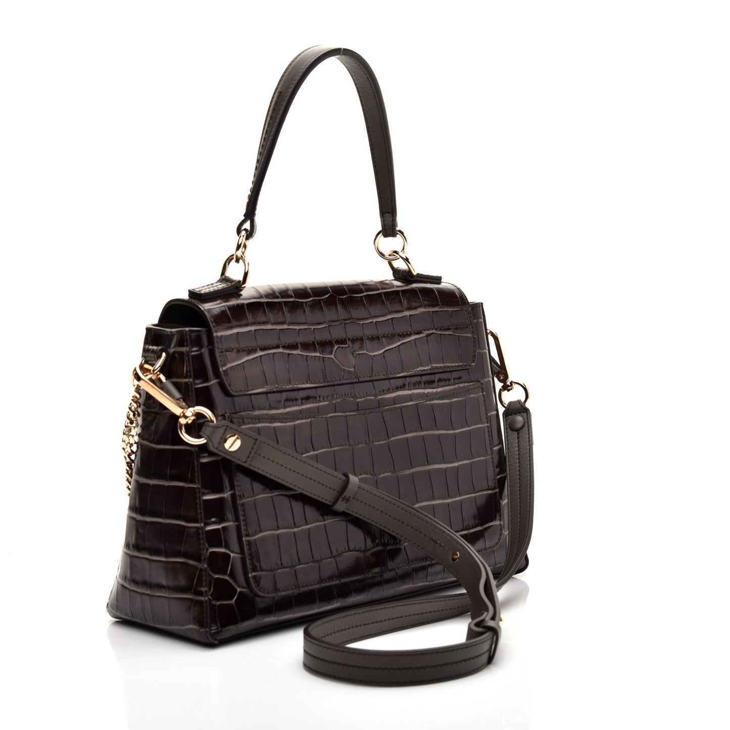Calfskin Crocodile Embossed Small Faye Day Shoulder Bag Profound Brown