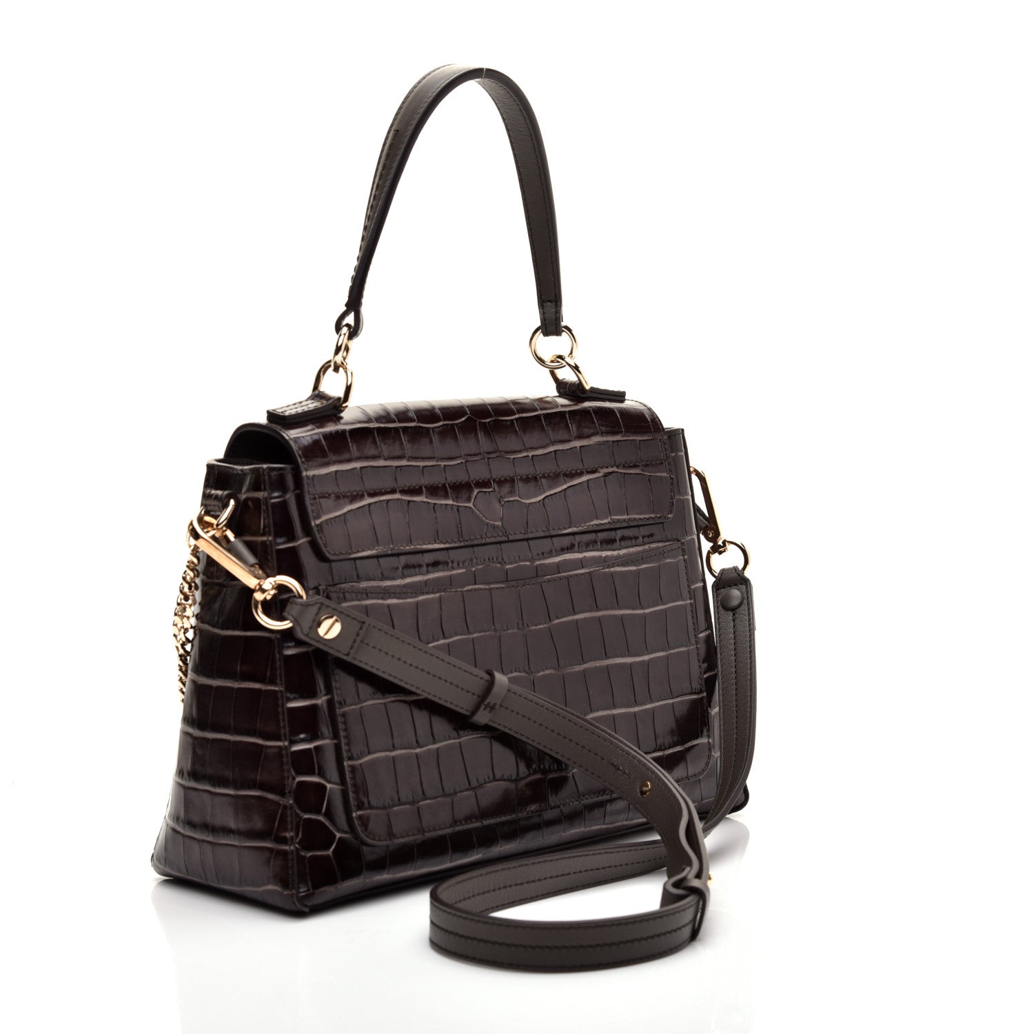 Chloe Calfskin Crocodile Embossed Small Faye Day Shoulder Bag Profound Brown 3 of 10