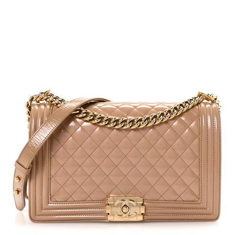 Iridescent Glazed Calfskin Quilted New Medium Boy Flap Dark Beige