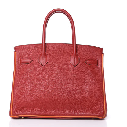 Hermes Taurillon Clemence Horseshoe Bi-Color Birkin 30 Rouge Garance and Orange 3 of 28