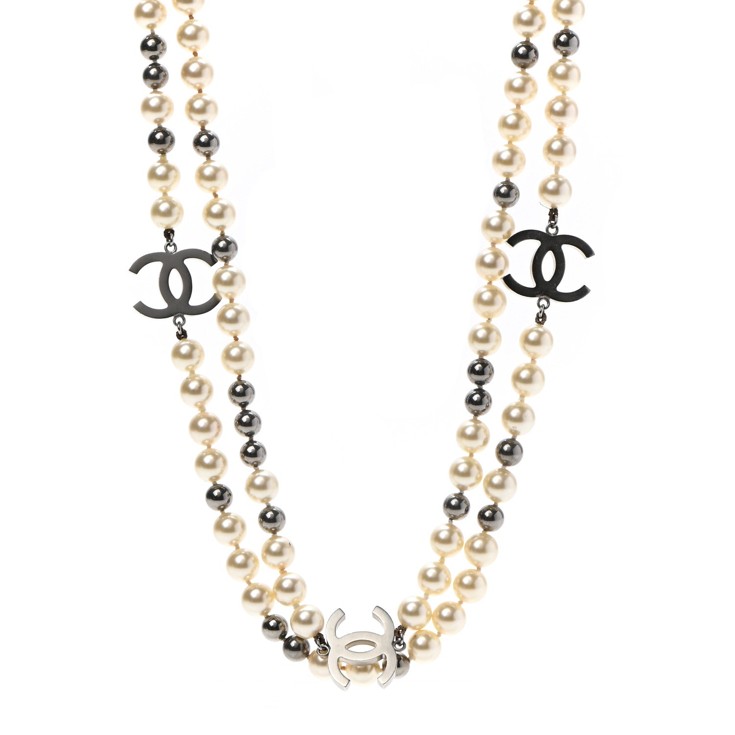 Chanel Pearl CC Long Necklace Silver Pearly White Grey 1 of 7