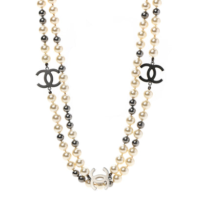 Chanel Pearl CC Long Necklace Silver Pearly White Grey 1 of 7