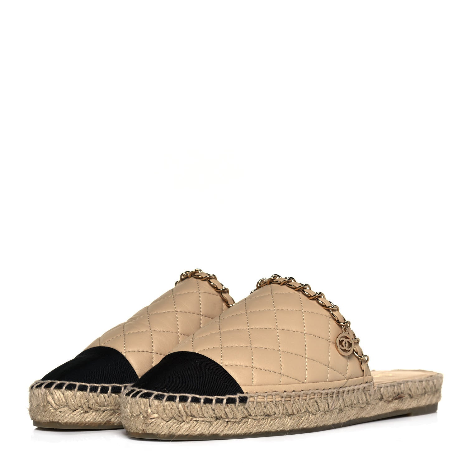 Chanel Lambskin Grosgrain Quilted CC Chain Espadrille Mules 39 Beige Black 3 of 9