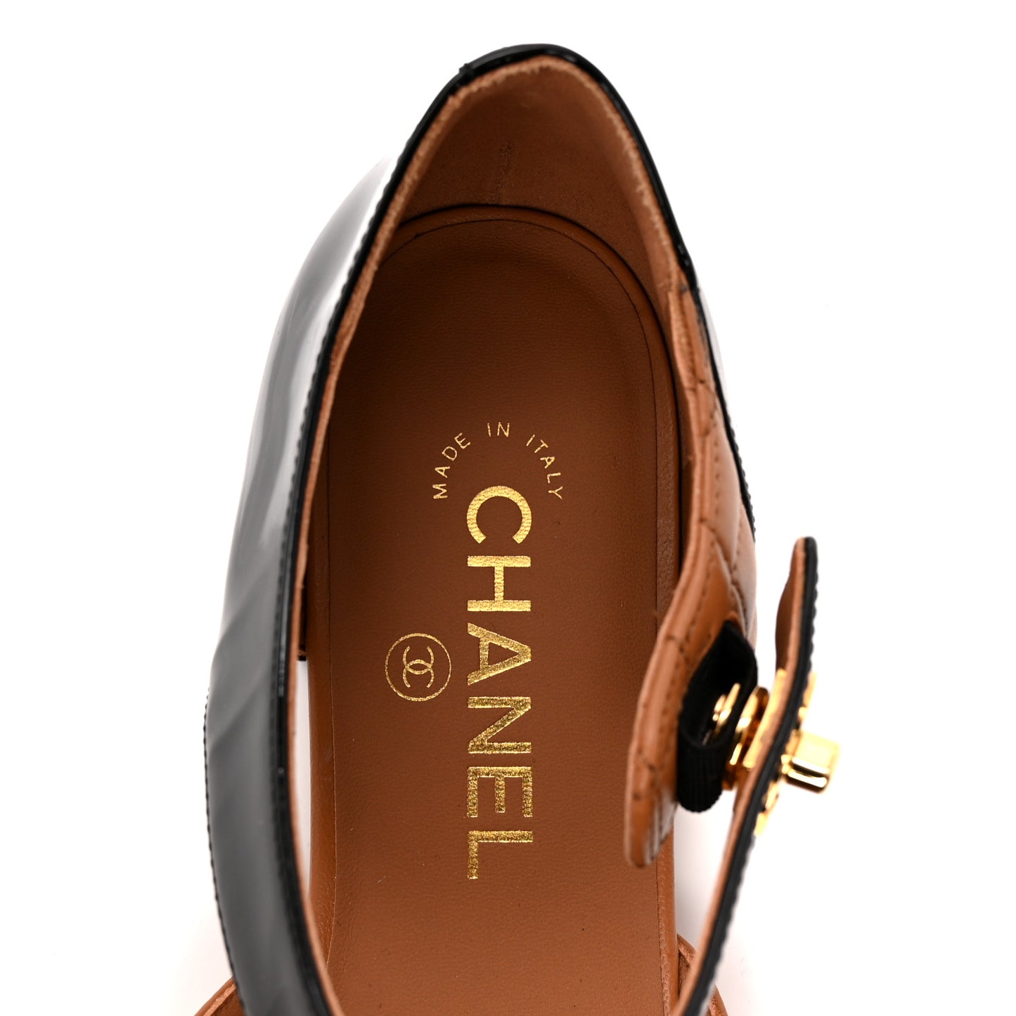 Patent Lambskin Quilted Cap Toe Ballerina Flats 38.5 Light Brown Black