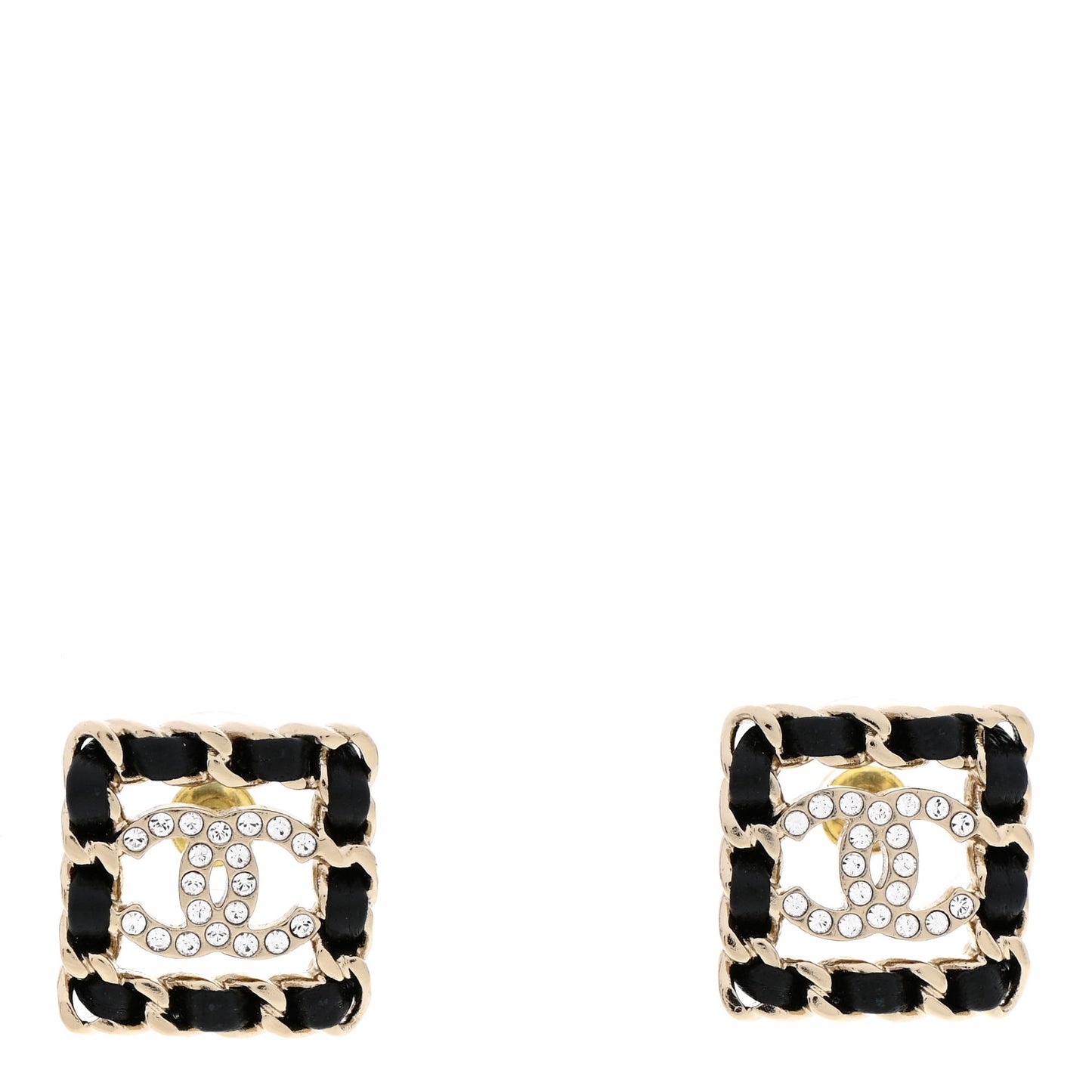 Crystal Lambskin Chain Sergeant Chanel Stud Earrings Black Gold