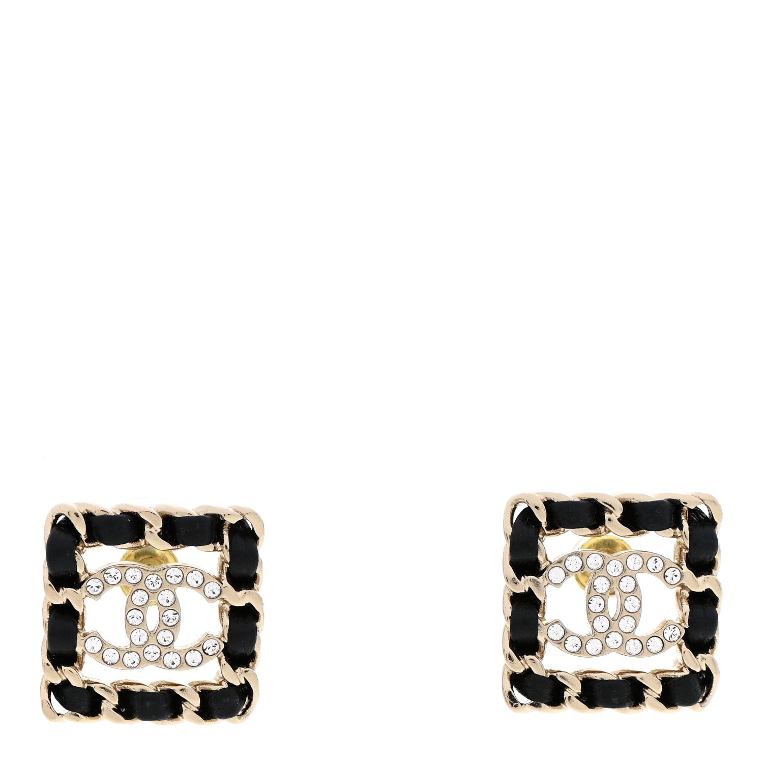 Chanel Crystal Lambskin Chain Sergeant Chanel Stud Earrings Black Gold 1 of 4