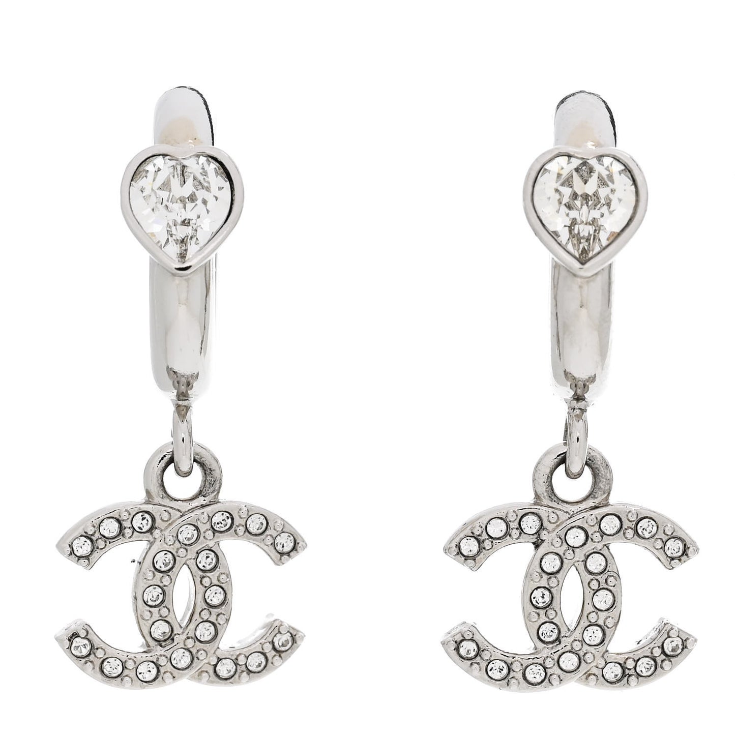 Crystal Heart CC Drop Earrings Silver