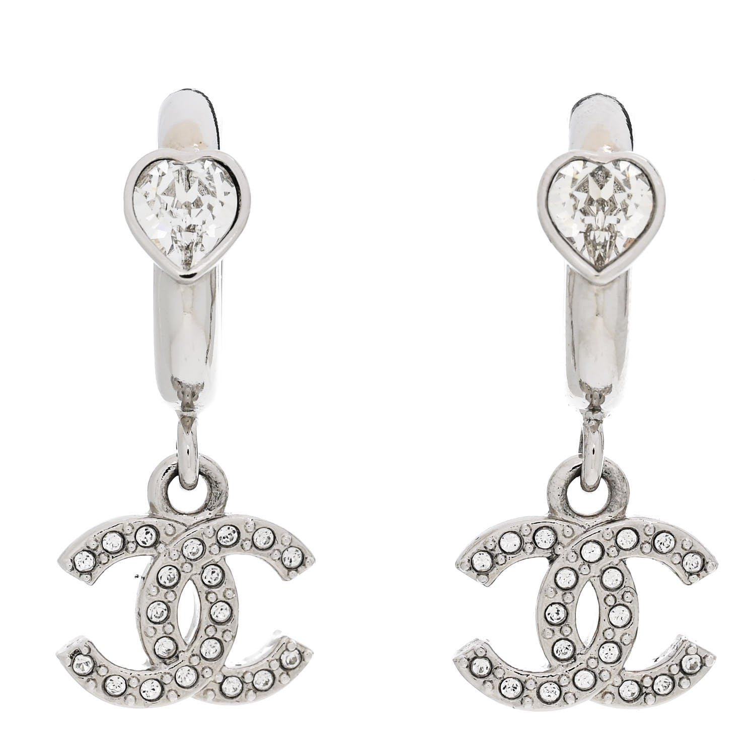 Chanel Crystal Heart CC Drop Earrings Silver 1 of 5