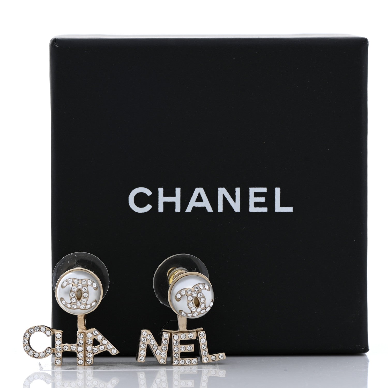 Chanel Pearl Crystal Logo Earrings Gold Pearly White 5 of 5