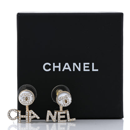 Chanel Pearl Crystal Logo Earrings Gold Pearly White 5 of 5