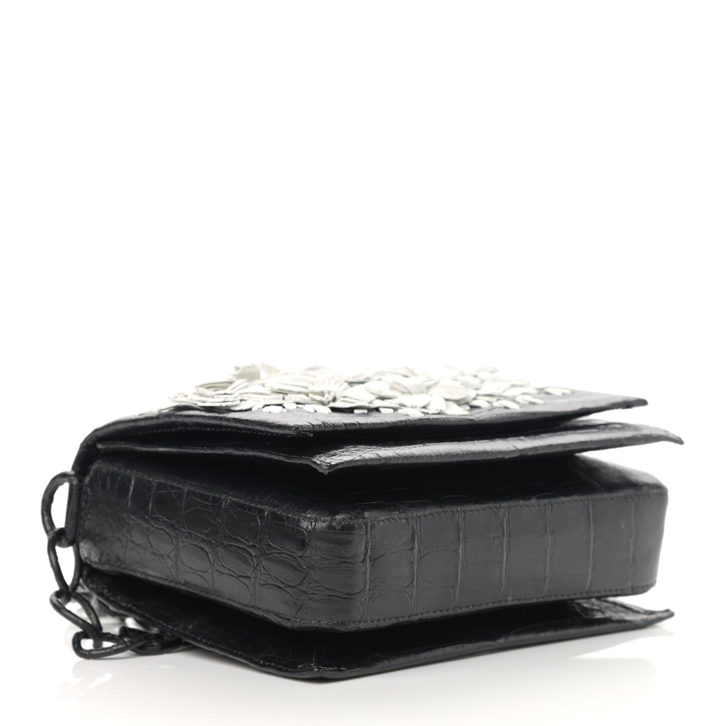 Crocodile Floral Applique Chain Shoulder Bag Black White