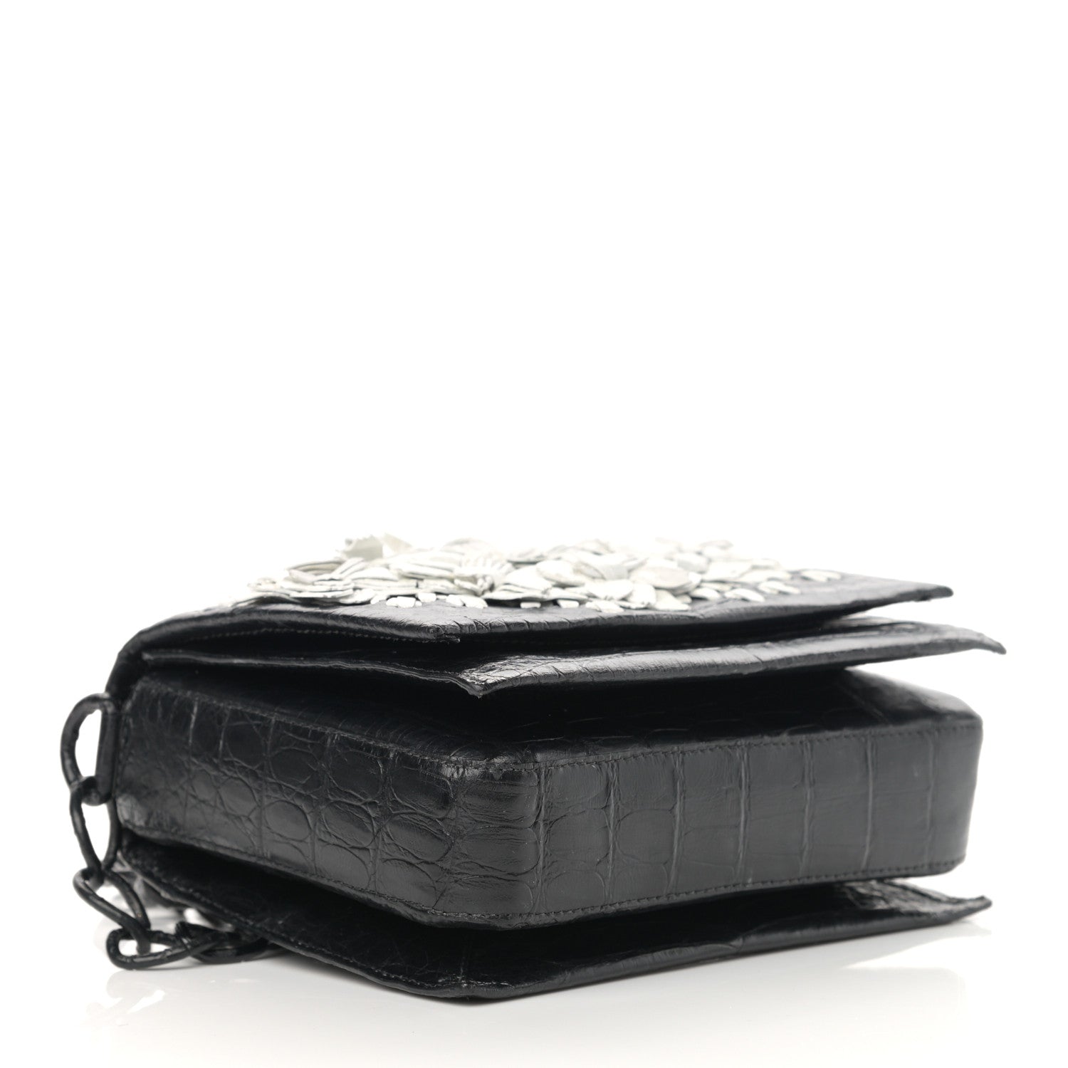 Nancy Gonzalez Crocodile Floral Applique Chain Shoulder Bag Black White 4 of 12