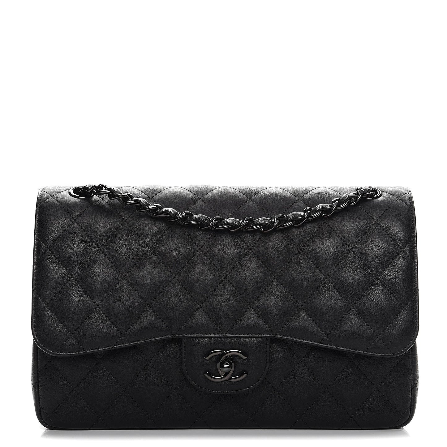 Crumpled Calfskin Quilted Jumbo Double Flap So Black