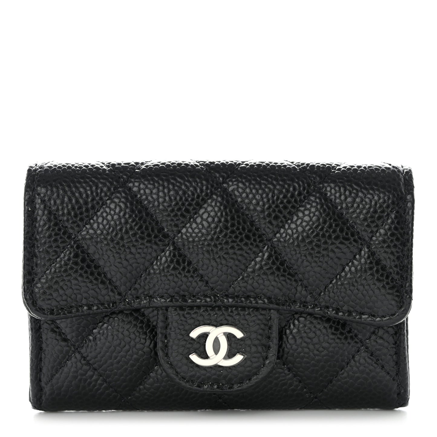 Caviar Quilted Flap Card Holder Wallet Black