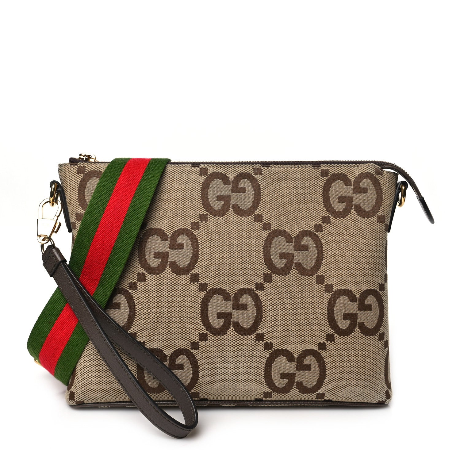Gucci Monogram Jumbo GG Textured Dollar Calfskin Web Wristlet Messenger Bag Camel Ebony New Acero 1 of 10