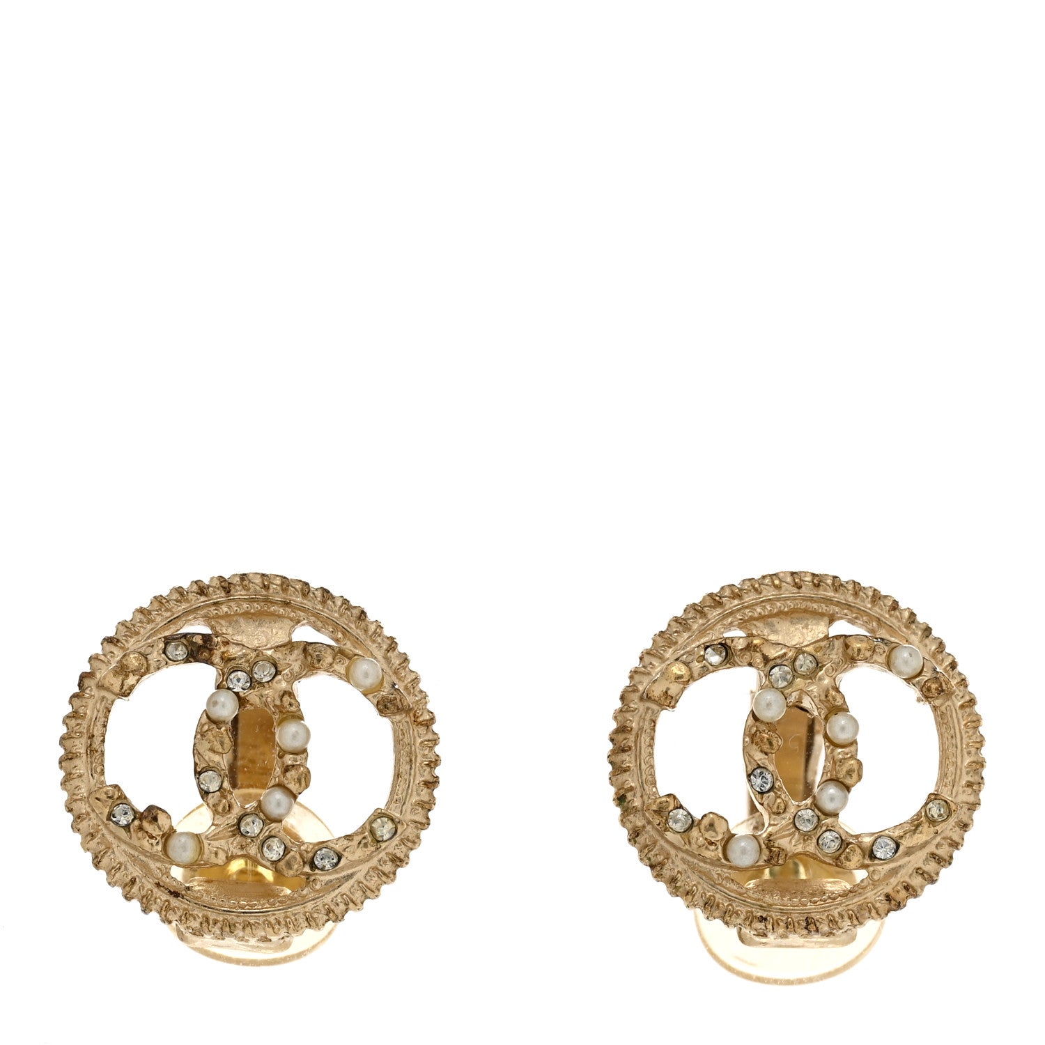 Chanel Pearl Crystal CC Round Clip On Earring Gold 1 of 5
