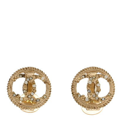 Chanel Pearl Crystal CC Round Clip On Earring Gold 1 of 5