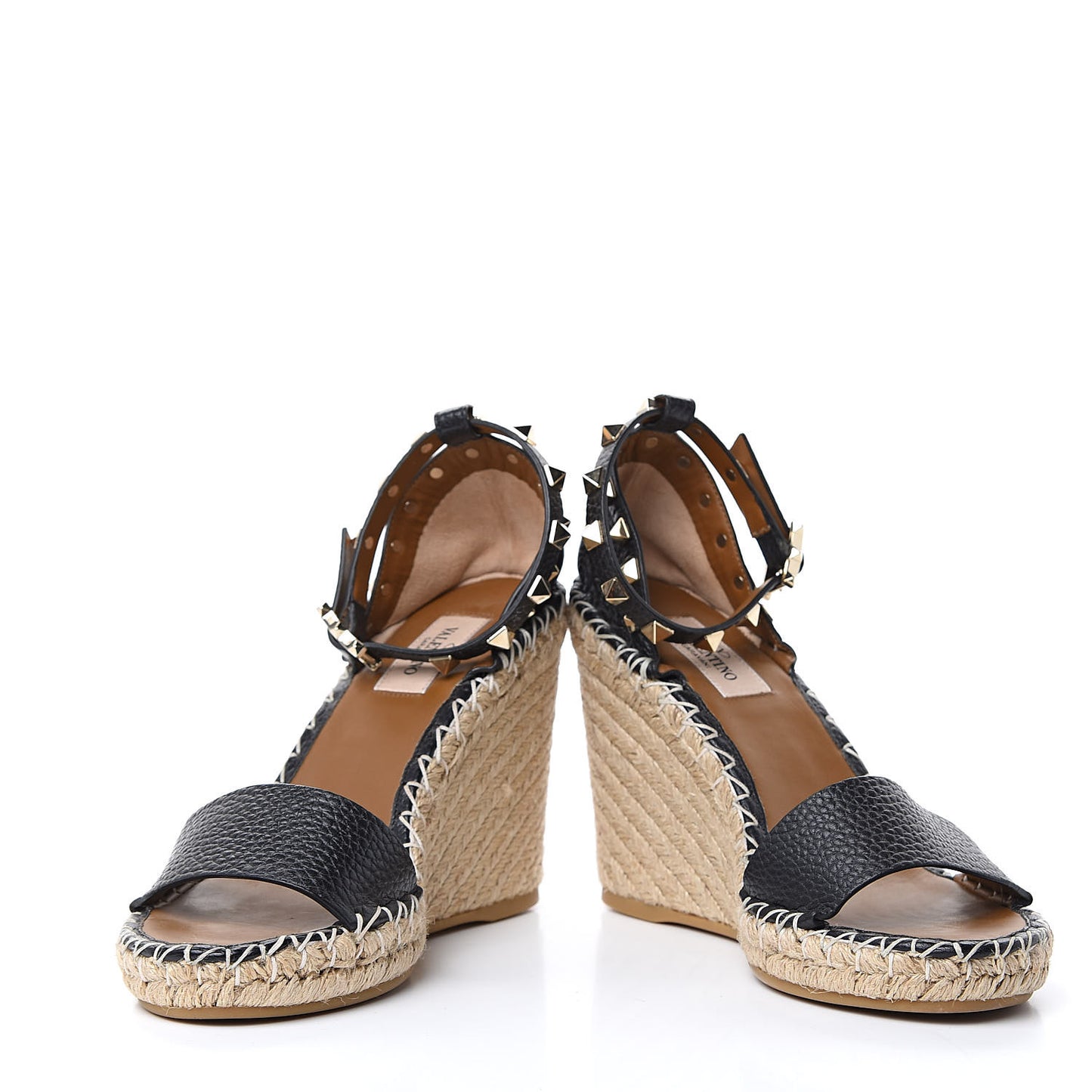 Grained Calfskin Rockstud Ankle Strap Espadrille 15/105mm Wedge Sandals 37 Black Light Cuir Natural