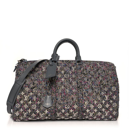 Louis Vuitton Wool Cotton Monogram Jacquard Embroidered LV Felt Keepall Bandouliere 50 Gris 1 of 9