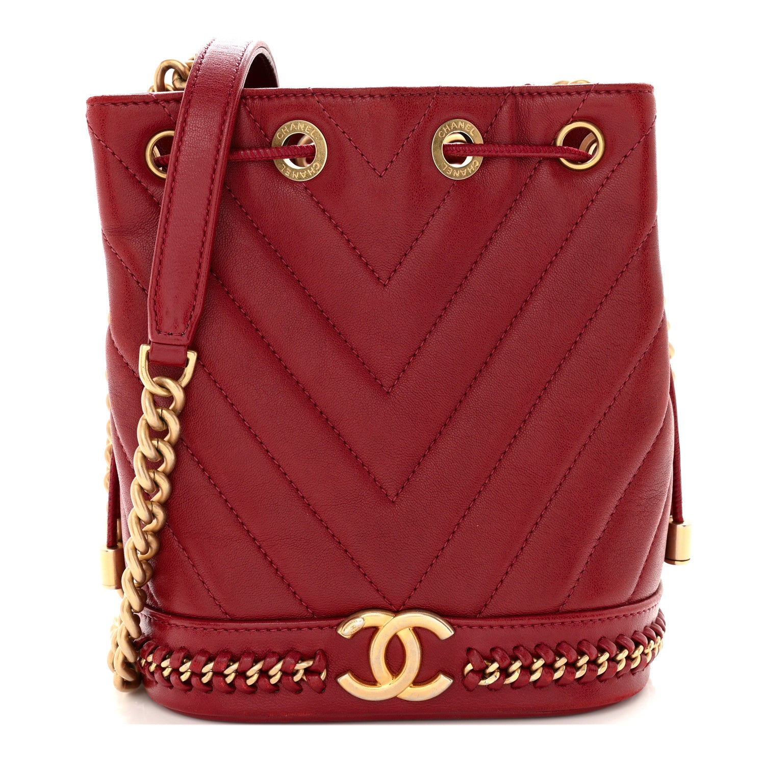 Chanel Sheepskin Chevron Quilted Small Drawstring Bag Dark Red 1 of 11