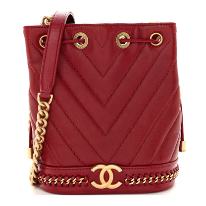 Chanel Sheepskin Chevron Quilted Small Drawstring Bag Dark Red 1 of 11