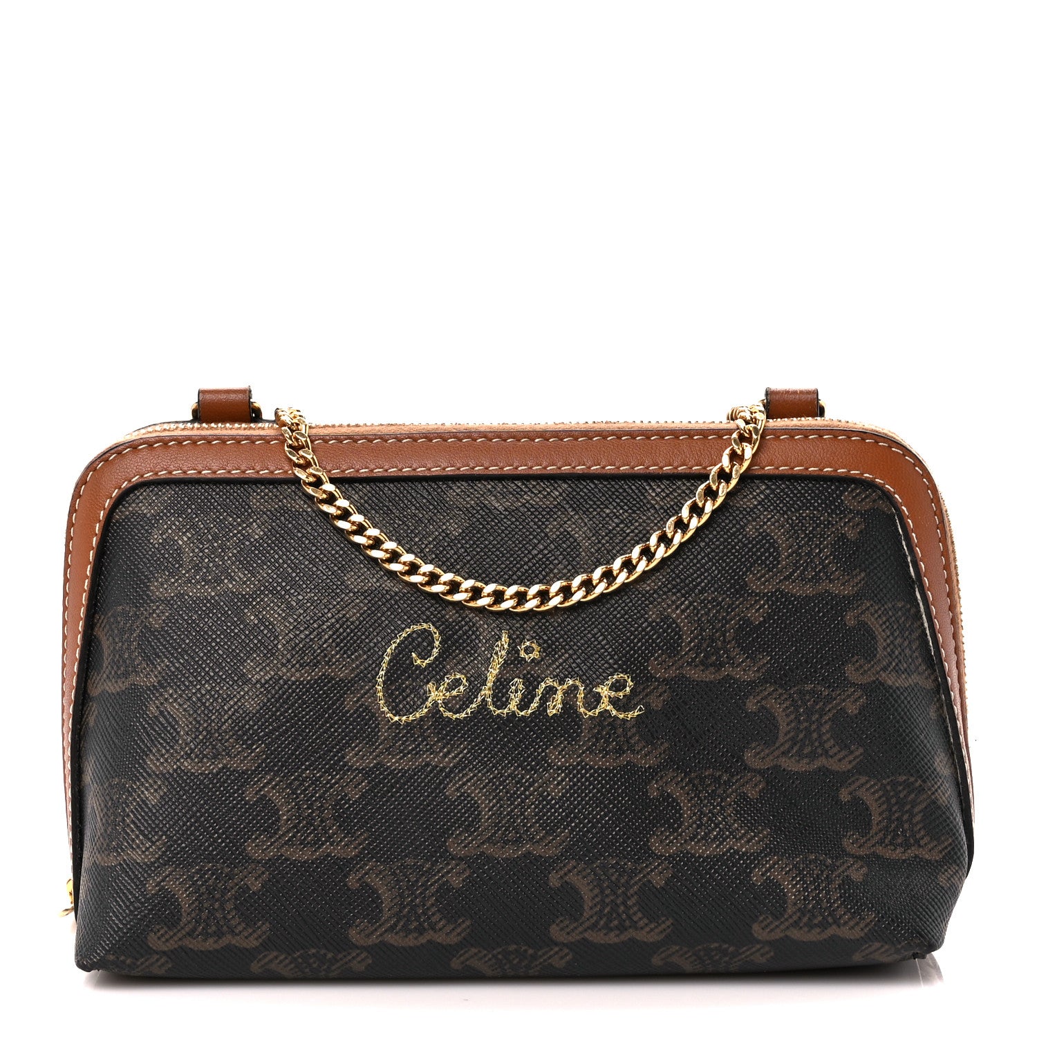 Celine Lambskin Triomphe Canvas Embroidered Logo Clutch With Chain Tan 1 of 10