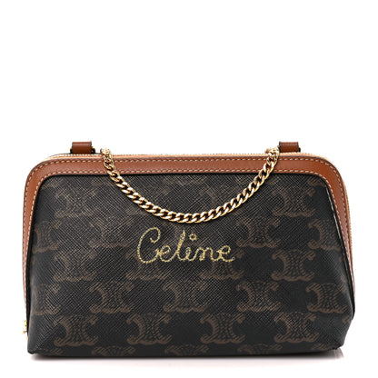 Celine Lambskin Triomphe Canvas Embroidered Logo Clutch With Chain Tan 1 of 10